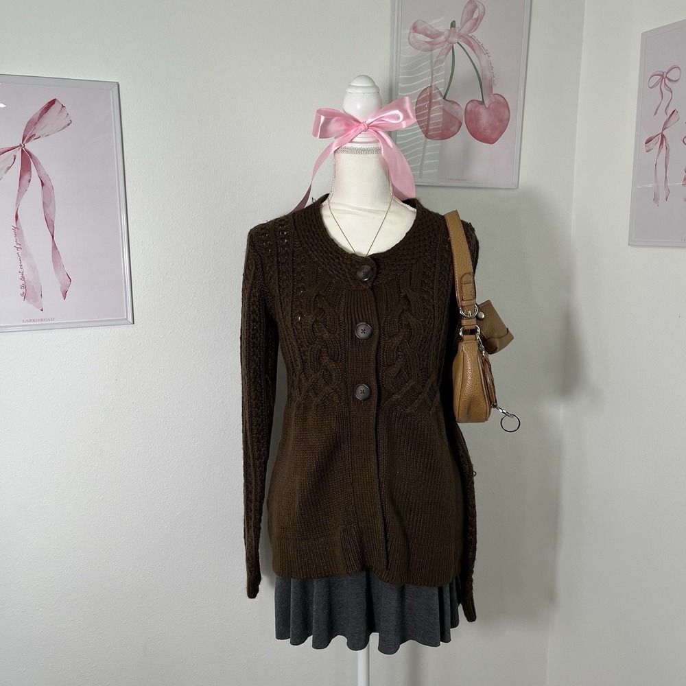 Y2K Vintage Brown Knit Milkmaid 3 Button Cardigan Sweater Womens Medium